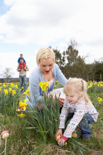 Family On Easter Egg Hunt In Daffodil Field, Smiling