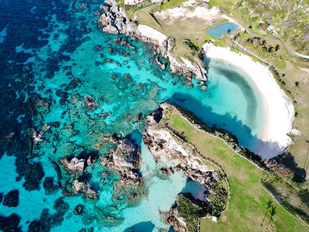 The  drone aerial view of sinky bay beach, Bermuda. The  drone aerial view of sinky bay beach, Bermuda. bermuda stock pictures, royalty-free photos & images