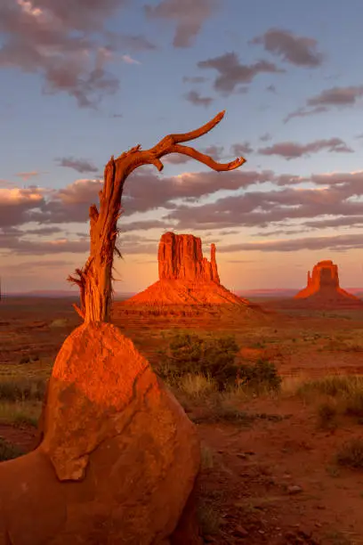 Photo of Monument Valley, twice a year the shadow is casted on middle butte. Rare spactacle