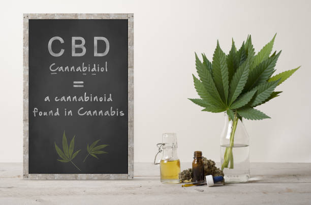 rustic blackboard with text cannabidiol and marujuana cannabis sativa weed leaves bouquet, flower bud and cbd oil in glass dropper bottle, on wooden countertop - photography sign table ganja imagens e fotografias de stock