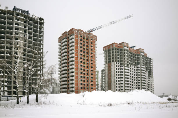 istock Construction site, new building and crane, gray sky 1200595810