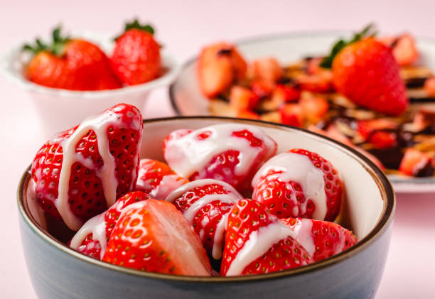 strawberries Pancakes with fresh strawberry on a blue wooden background honey jar liquid gourmet stock pictures, royalty-free photos & images