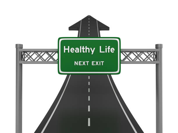istock Road Arrow with HEALTHY LIFE Highway Sign - 3D Rendering 1200597010