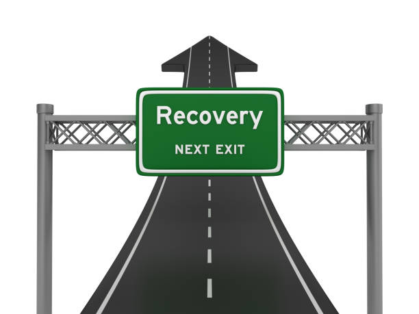 istock Road Arrow with RECOVERY Highway Sign - 3D Rendering 1200597029