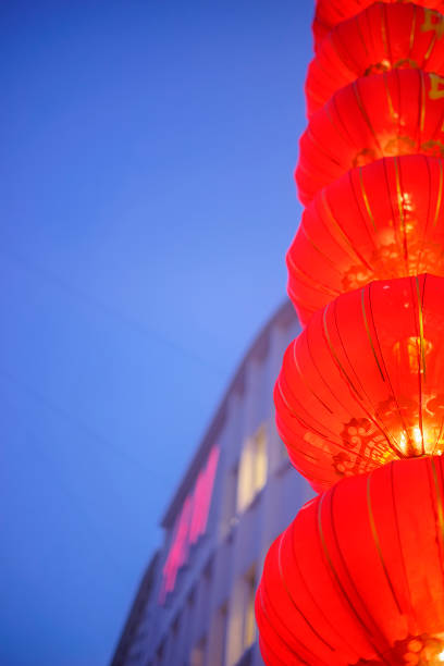 istock Beautiful Chinese new year red color lanterns during blue hour 1200598400
