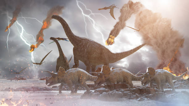 destruction concept de dinosaures par une météorite tombante, 3d rendre - animal disparu photos et images de collection