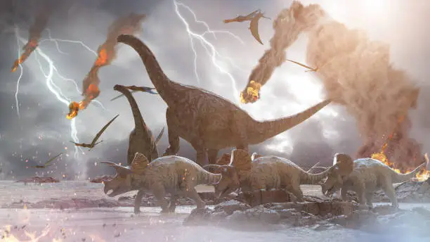 Photo of concept destruction of dinosaurs by a falling   meteorite, 3d render