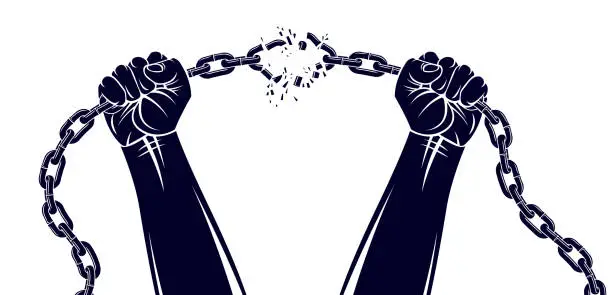 Vector illustration of Strong hand clenched fist fighting for freedom against chain slavery theme illustration, vector logo or tattoo, getting free, struggle for liberty.