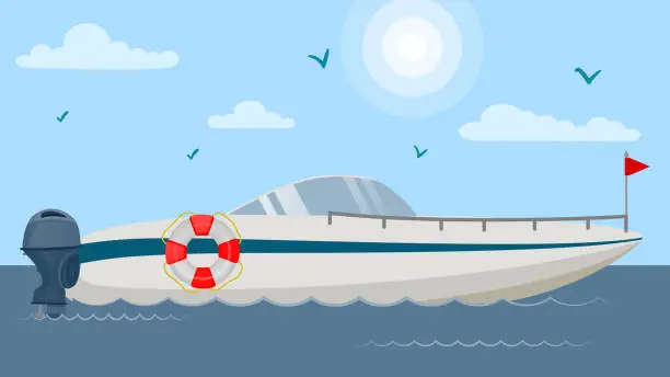 Vector illustration of Floating motor speed boat vector illustration flat. Vessel yacht ship with lifebuoy at sea ocean lake water. Luxury vacation sport marine leisure travel transport.