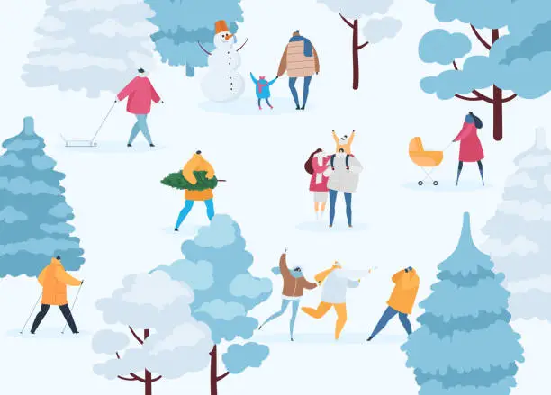 Vector illustration of Winter and people women, men, kids walk and outdoor activity vec
