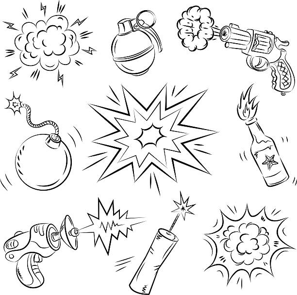 ilustraciones, imágenes clip art, dibujos animados e iconos de stock de historieta de armas y los explosivos - pencil drawing flash