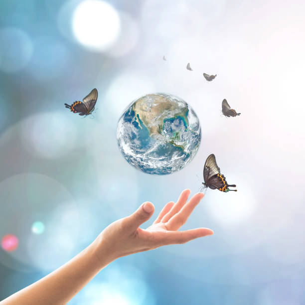 istock World environment day, ecology and ozone layer protection concept with woman's hand supporting earth planet under sun light flare with beautiful butterfly: Elements of this image furnished by NASA 1200609689