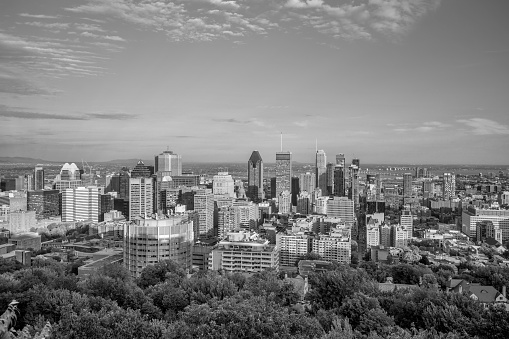 Panoramic skyline view of downtown Montreal from top view at sunset in Canada