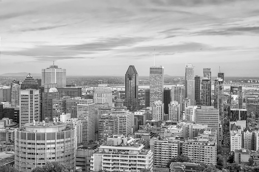 Panoramic skyline view of downtown Montreal from top view at sunset in Canada