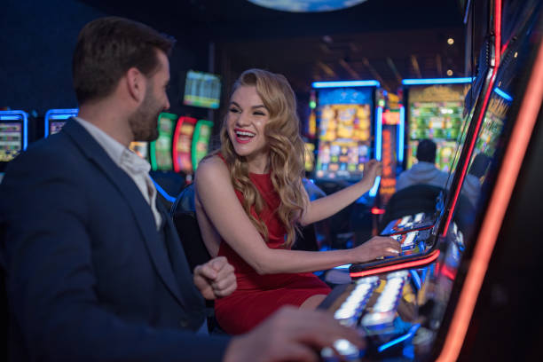 couple having fun at casino stock photo