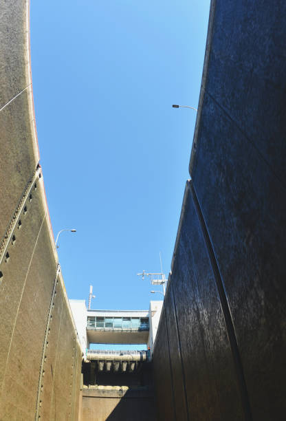 istock View up the sides of a river-lock to a blue sky. 1200616195