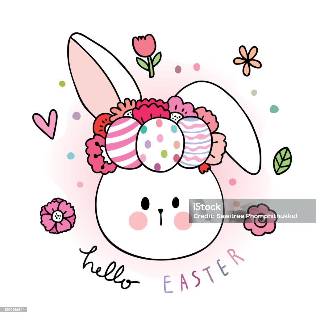 Cartoon Cute Easter Day Rabbit And Colorful Eggs On Head Vector ...