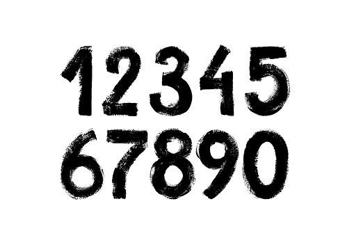 Black grunge numbers vector collection. Grunge dirty painted numbers set. Hand drawn ink drawing. Dirty textured font. Ink illustration isolated on white background. Vector typography.
