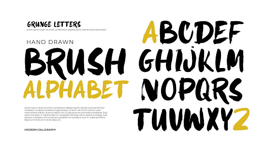 Vector handwritten brush calligraphy alphabet. Hand drawn dry brush font. Modern brush calligraphy. Black alphabet letters isolated on white background. Uppercase letters set