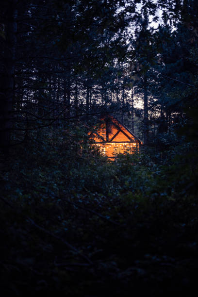 istock Little wood chalet at night 1200630298