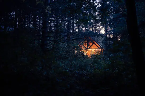 Photo of Little wood chalet at night