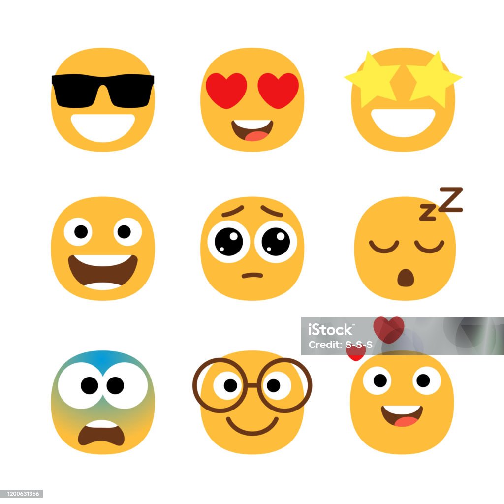 Flat emoticons faces. Simple happy and funny, cartoon smile set, wonder and love with hearts in eyes emoji moods isolated vector illustrations Flat emoticons faces. Simple happy and funny, cartoon smile set, wonder and love with hearts in eyes emoji moods isolated on white, vector illustration Emoticon stock vector