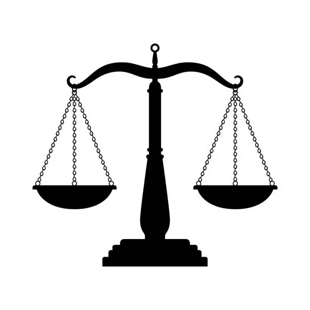 Vector illustration of Balance scales black icon. Judge scale silhouette image, trading weight and law court symbol vector illustration, black truth balancing element