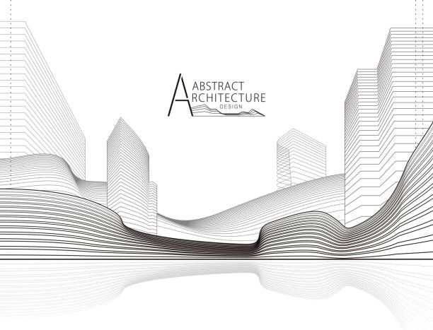 ilustraciones, imágenes clip art, dibujos animados e iconos de stock de dibujo de línea de paisaje de arquitectura abstracta. - city line