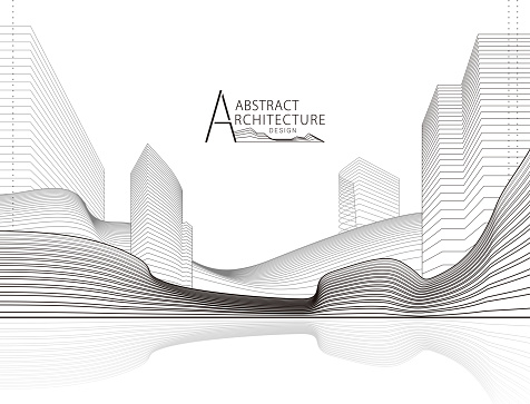 3D illustration architecture building construction perspective design, abstract modern urban landscape line drawing.