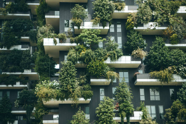 Trees grow on the balconies Trees grow on the balconies of a residential building. The environment and everyday life. property styling stock pictures, royalty-free photos & images