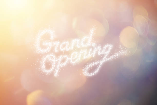 Grand Opening Phrase Formed by Shiny Confetti with Colorful Background.