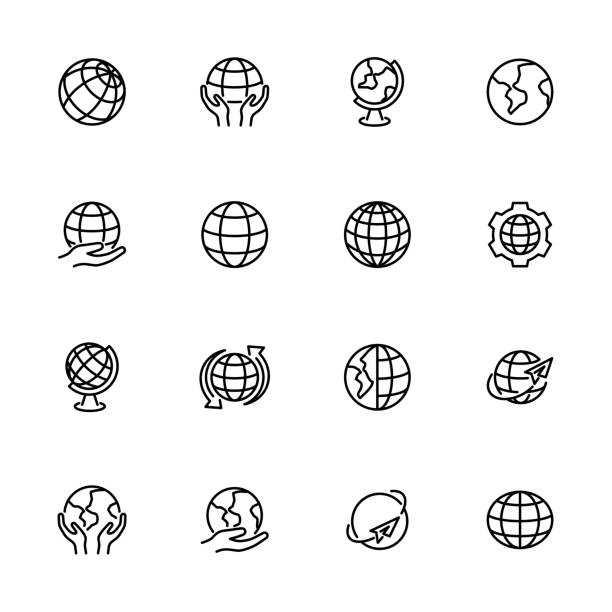 illustrazioni stock, clip art, cartoni animati e icone di tendenza di globo, terra o set di icone della linea del mondo. vettore di tratto modificabile. - pianeti