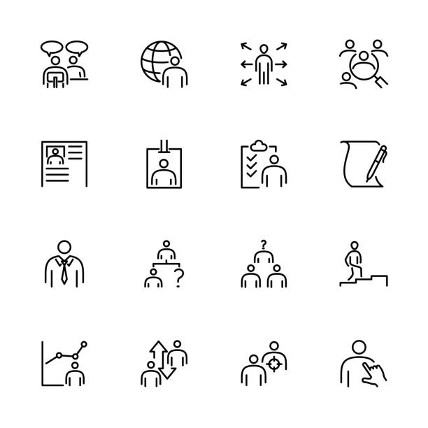 ilustrações de stock, clip art, desenhos animados e ícones de employee recruitment process, staff selection, staff replacement line icon set. - challenge outline choice business