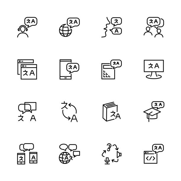 Translate, language or conversation line icon set Translate, language or conversation line icon set. Editable stroke vector. Isolated at white background bilingual stock illustrations