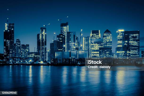 Canary Wharf Business District Skyline At Night Stock Photo - Download Image Now - Canary Wharf, Architecture, Building Exterior