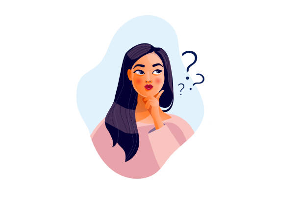 Thinking girl. Beautiful face, doubts, problems, thoughts, emotions. Curious woman Thinking girl. Beautiful face, doubts, problems, thoughts, emotions. Curious woman questioning, question mark. Vector illustration kids reading clipart stock illustrations