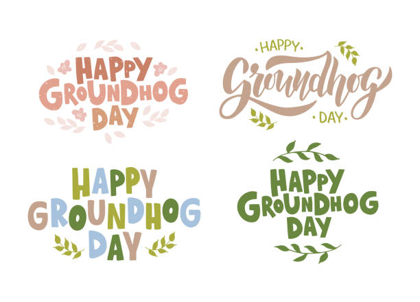 Hand drawn celebration lettering Happy Groundhog Day. Spring holiday quote typography design Hand drawn celebration lettering Happy Groundhog Day. Spring holiday quote typography design Vector illustration on white background. Text with green branch and leaf. Element for banner, poster, greeting card, advertising groundhog stock illustrations