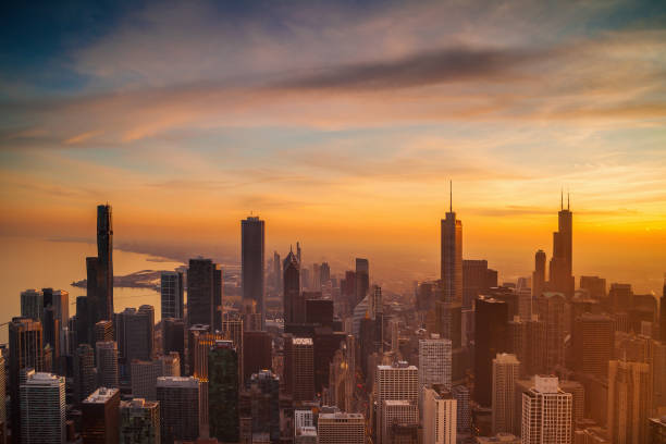 istock Aerial view of downtown Chicago at sunset 1200641059