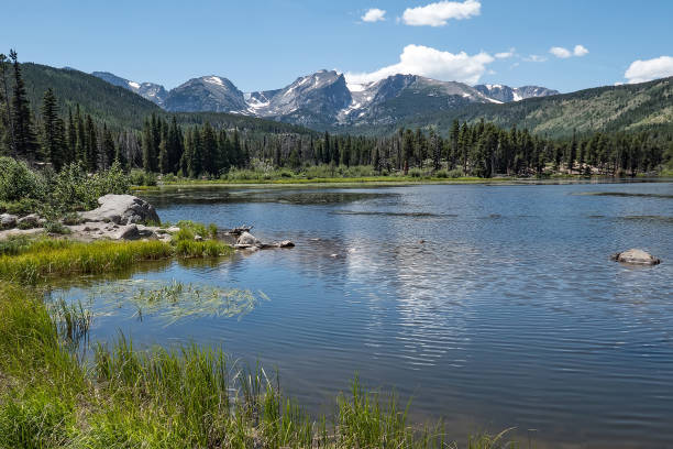 Sprague Lake in Rocky Mountain National Park in Colorado Beautiful subalpine lake with view of mountains and the Tyndall Glacier colorado rocky mountain national park lake mountain stock pictures, royalty-free photos & images