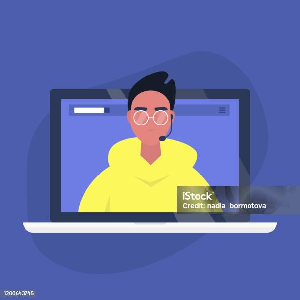 Online Consultant Young Male Operator Wearing A Headset Video Call Technology Artificial Intelligence Chat Bot Stock Illustration - Download Image Now