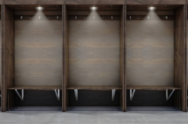 Change Room Cubicles Hangers And Bench Empty wooden cubicles with a bench and hangers in a sports locker change room - 3D render locker room stock pictures, royalty-free photos & images