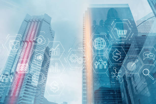 istock ERP Enterprise Resource Planning. Business intelligence control panel marketing on modern city of the future background. 1200645073