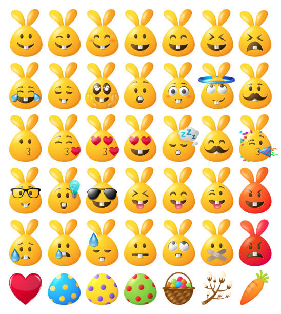 ilustrações, clipart, desenhos animados e ícones de smileys emoticons emojis ovos de coelho de coelho da páscoa definido amarelo - easter rabbit easter bunny cartoon