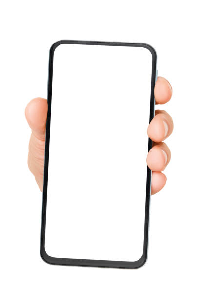 Hand holding cellphone with empty screen isolated on white Hand holding bezel-less cellphone with empty screen isolated on white background. men hands stock pictures, royalty-free photos & images