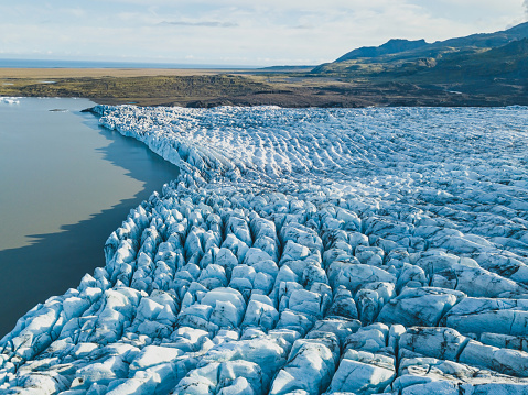 Glacier melting in Iceland, beautiful aerial landscape, view from above