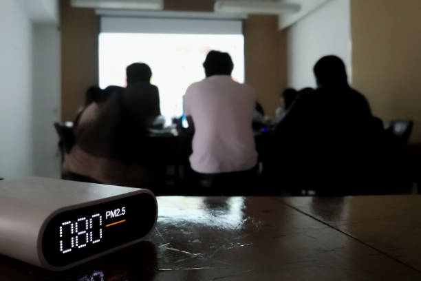 istock bad indoor air quality in study room. classroom air quality measuring. pm2.5 (particulate matter) small dust detector state over acceptable standard of environmental conditions 1200650045