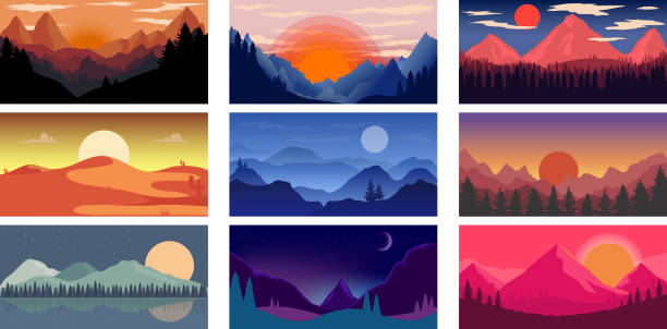 야생 산과 사막 풍경포스터 템플릿 세트입니다. 배너, 전단지, 카드에 대한 디자인 요소. 벡터 일러스트레이션 - 수평 구성 일러스트 stock illustrations
