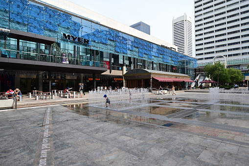 Perth, Western Australia - November 17 2019: Forrest Place, a pedestrian square located within the CBD of Perth, Western Australia. Created in 1923 is a focal point for significant political meetings and demonstrations.