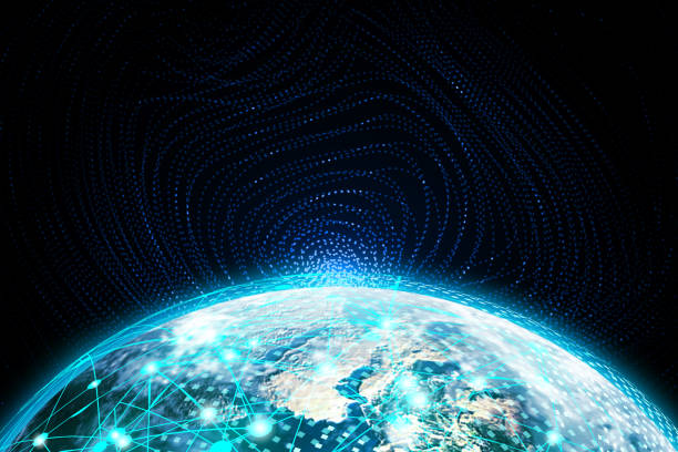istock The dotted lines connect the 3D rendered cold light earth and cosmic vortex starry sky background. 1200656419