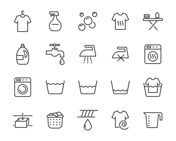illustrazioni stock, clip art, cartoni animati e icone di tendenza di set di icone del bucato, pulito, pulizie - asciugatrice